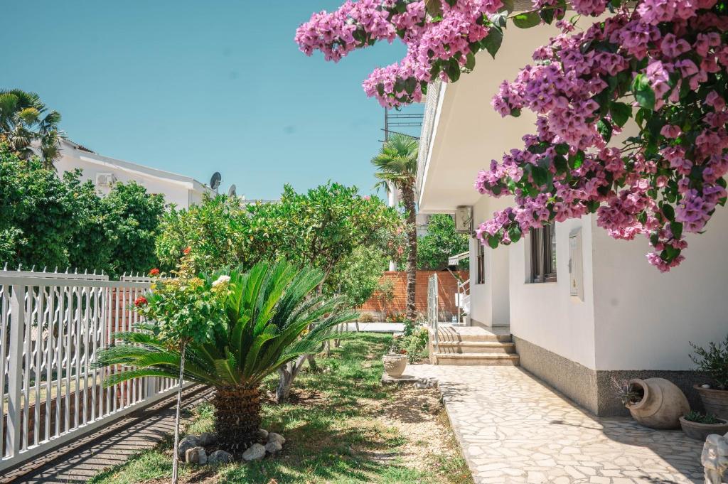 un jardín con flores púrpuras y una casa blanca en Vila Adriatik, en Ulcinj