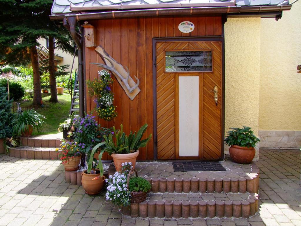 a house with a wooden door and some potted plants at Ferienhaus Erzgebirge "An der Trebe" mit Kamin und Sauna in Neuhausen