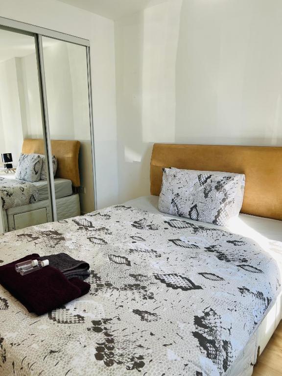 a bedroom with a large bed with a mirror at FABULOUS 2BED 2BATH Ground Floor SERVICED ACCOMMODATION Near CITY in Edinburgh