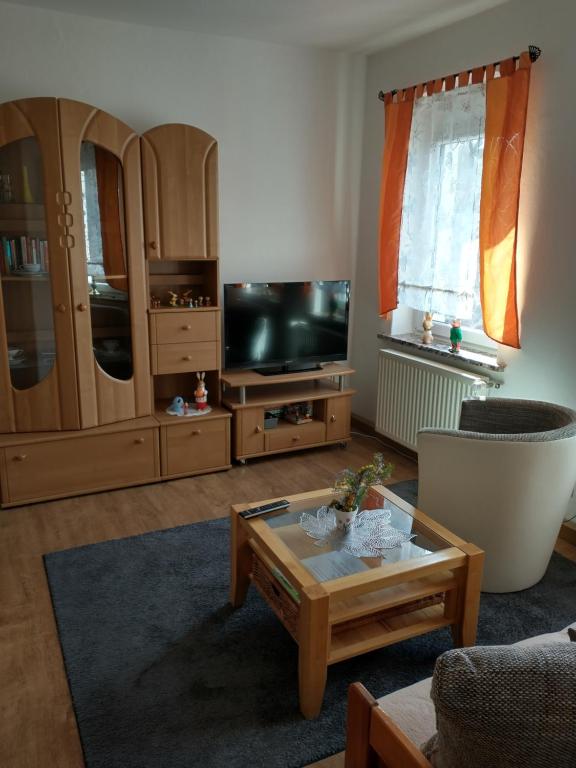 uma sala de estar com uma televisão e uma mesa de centro em Ferienwohnung im Erzgebirge in Gelenau em Gelenau