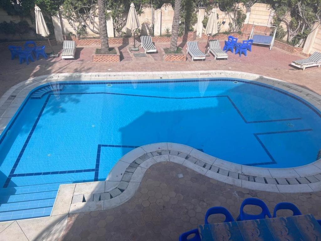 een groot blauw zwembad met blauwe stoelen en stoelen bij Cheerful villa with pool in Alexandria (El agami) in Alexandrië