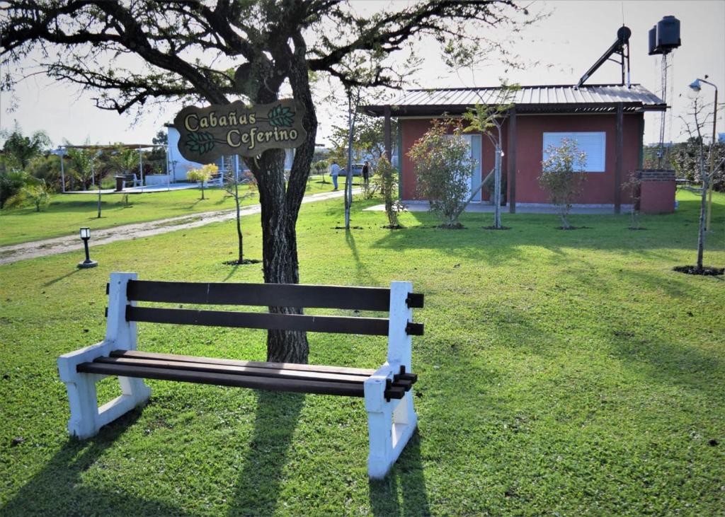 un banco sentado junto a un árbol en un parque en Cabañas Ceferino en Federación