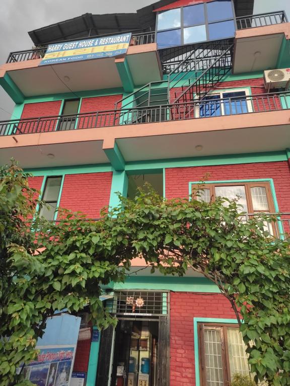 um prédio de apartamentos com uma árvore em frente em Harry Guest House & Restaurant em Pokhara