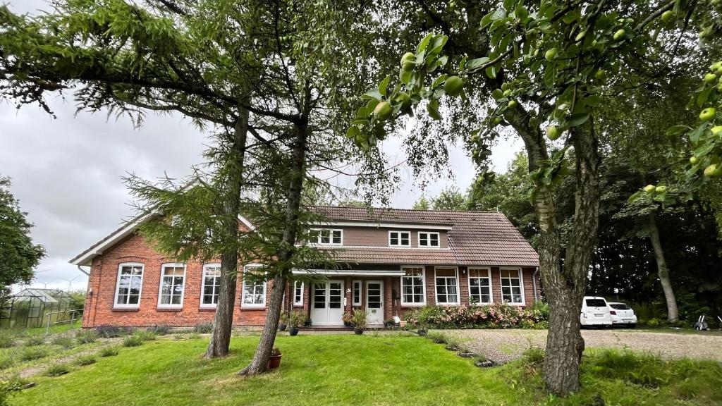 una casa di mattoni con alberi di fronte di Ferienhaus Alte Schule Niebüll a Niebüll