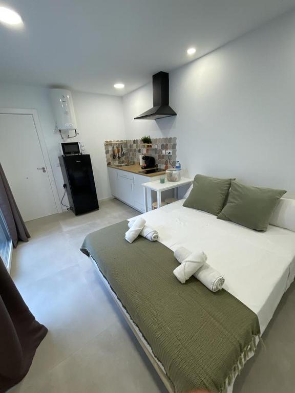 1 dormitorio con 1 cama grande y cocina en Merkat Center Alicante, en Alicante