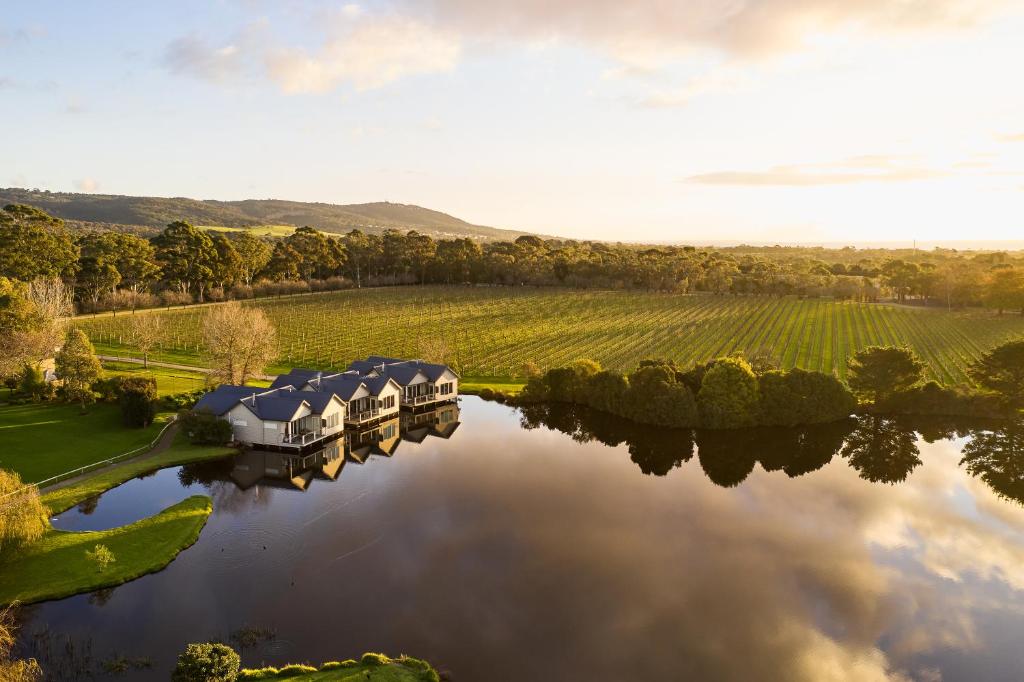 an aerial view of a house on a river at Lakeside Villas at Crittenden Estate in Dromana