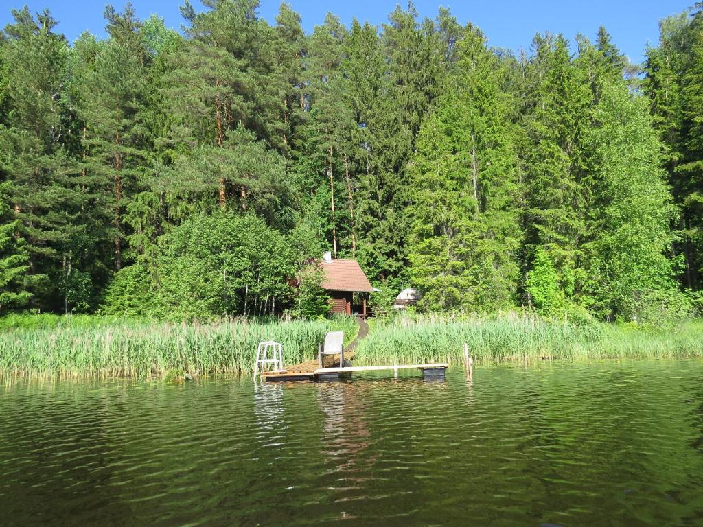 a chair sitting on a dock in the middle of a lake at Käbi Holiday Homes in Ainja