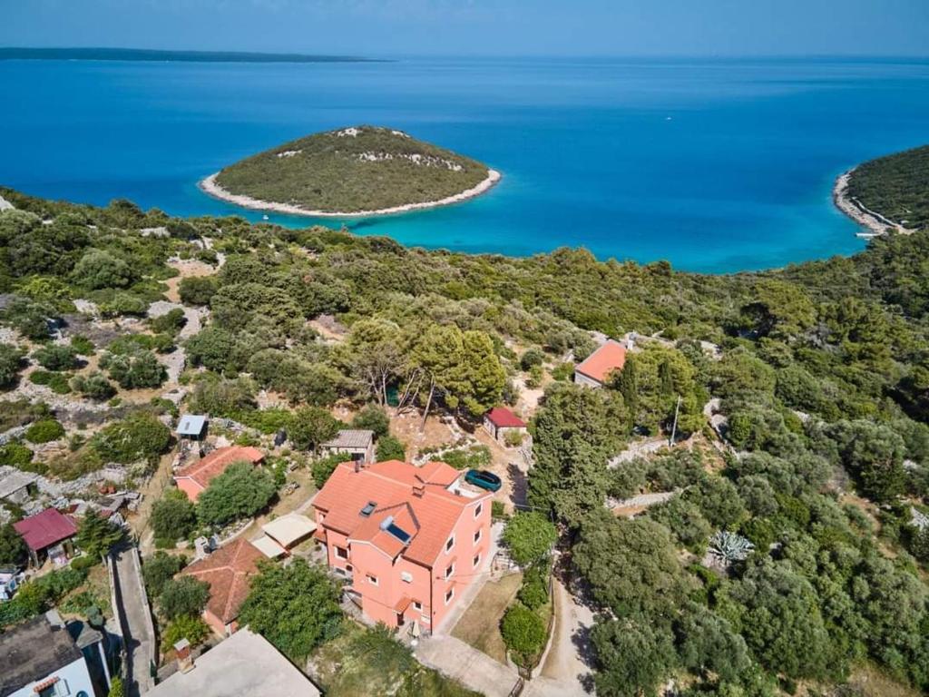 an aerial view of a house on a hill next to the ocean at APARTMAN KRAJINOVIĆ in Cunski