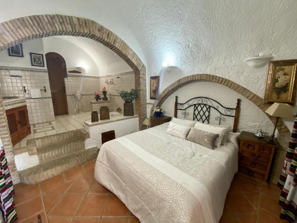 a bedroom with a bed and a bathroom with a fireplace at Cuevas Pedro Antonio de Alarcon in Guadix