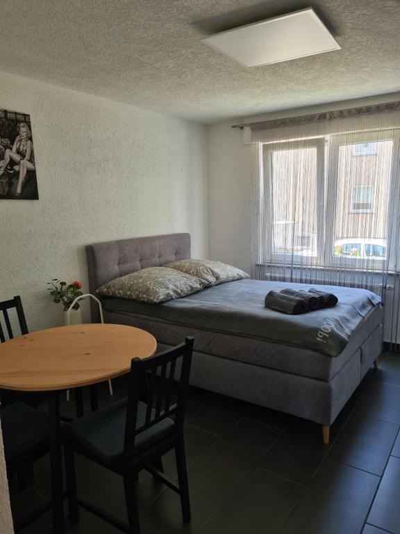 um quarto com uma cama, uma mesa e uma janela em Apartment am See em Friedrichshafen