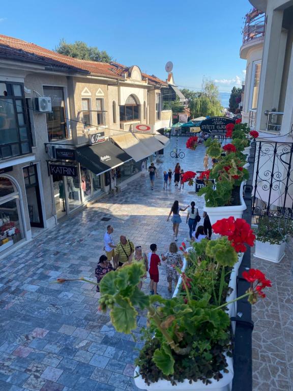 a group of people walking around a street in a town at Galeb Apartment Ohrid in Ohrid