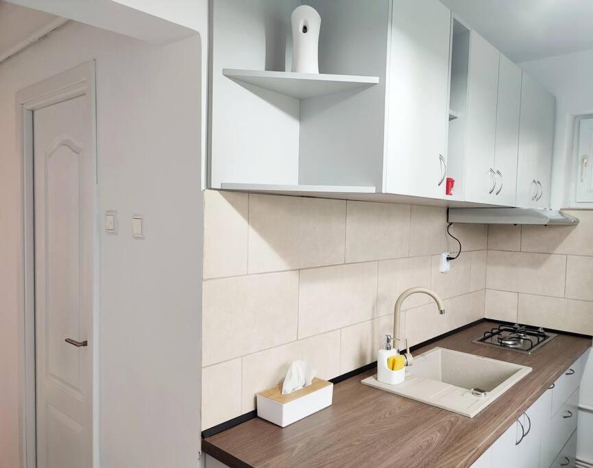 - une cuisine avec des placards blancs et un évier dans l'établissement 1 bedroom apartment, à Iaşi