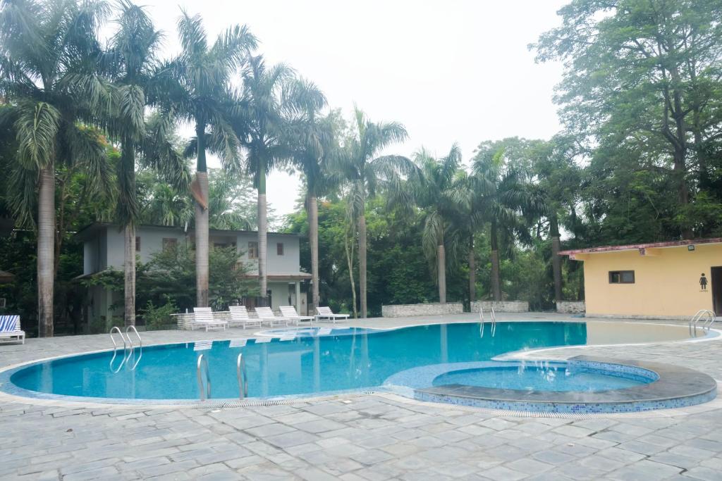 a large swimming pool with palm trees in the background at Chitwan Paradise Hotel in Sauraha