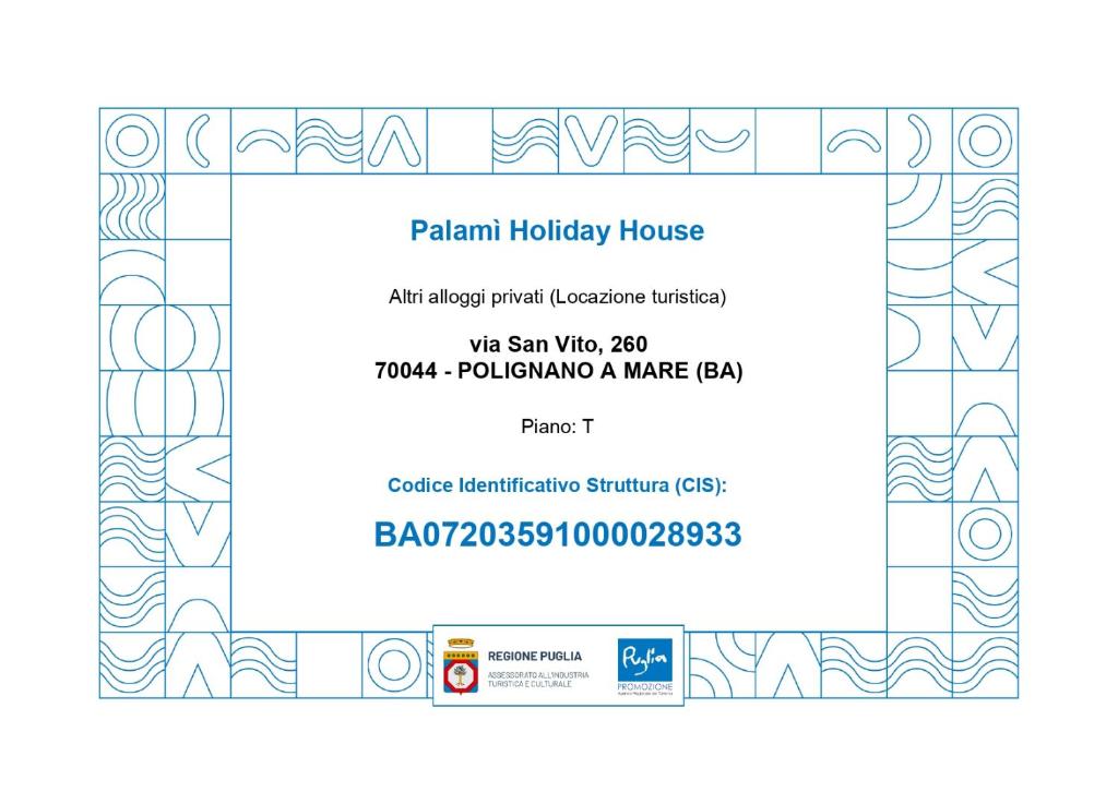 Certifikát, ocenenie alebo iný dokument vystavený v ubytovaní Palamì - Polignano a Mare Holiday House