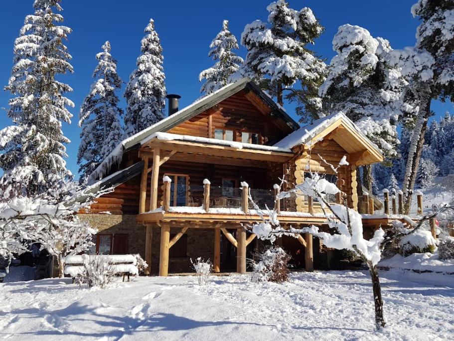 a log cabin in the snow with snow covered trees at Magnifique chalet en rondins avec sauna - Vercors in Villard-de-Lans