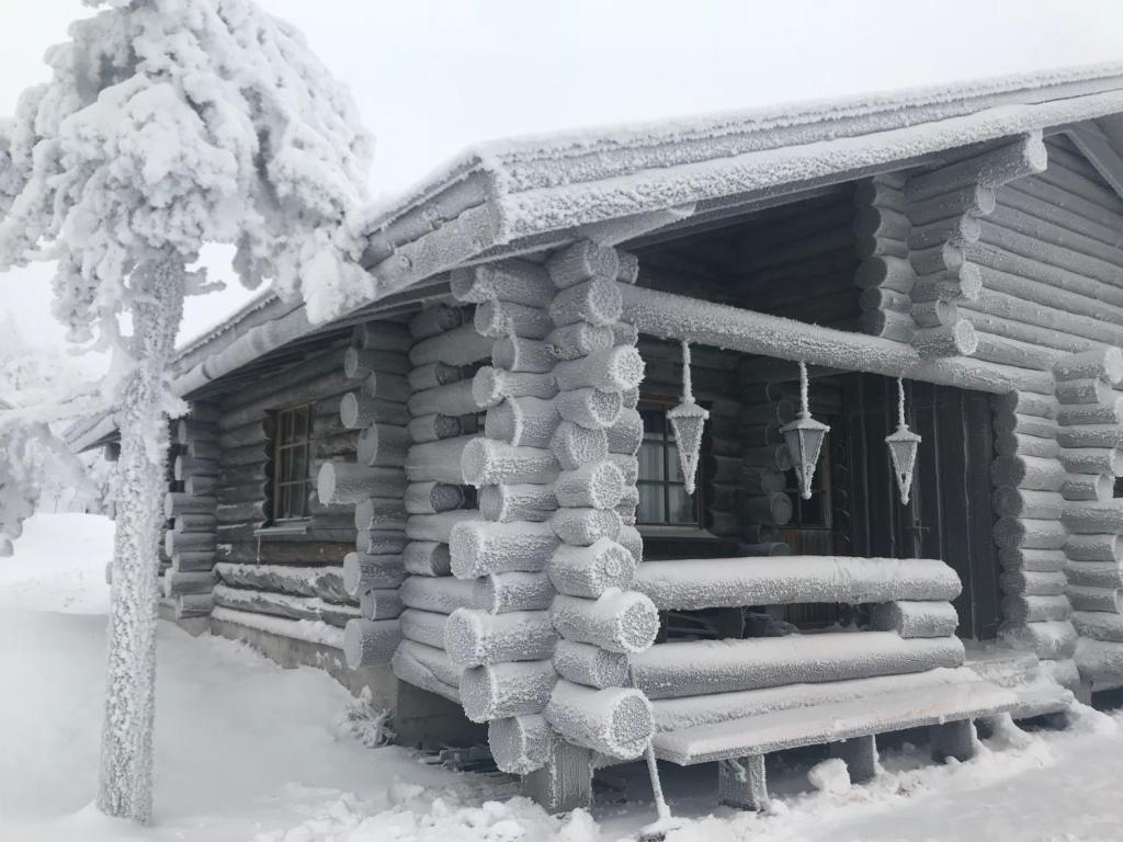 una cabaña de madera cubierta de nieve con un árbol en Iso-Syötteen Kelokolo Soarvesalvu, en Syöte