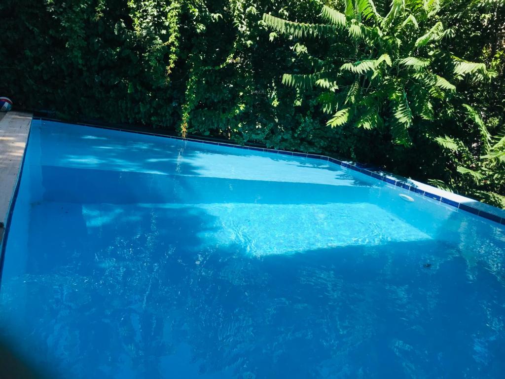 a blue swimming pool with trees in the background at Villaras Garden özel havuzlu eşyalı in Altınkum