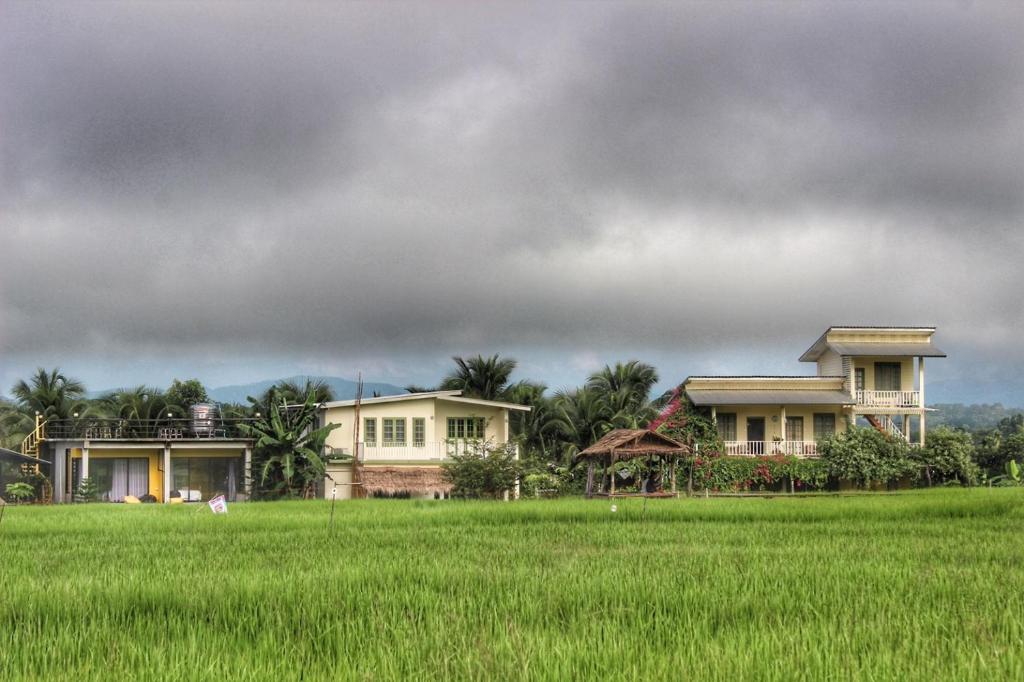 a group of houses and a field of grass at โฮมสเตย์ตานงค์ อำเภอปัว in Nan