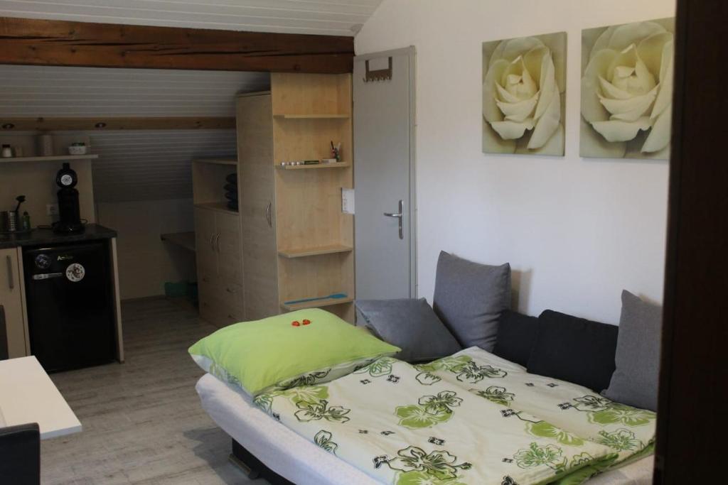 a living room with a couch with a green pillow at Wohlfühl-Appartement in Maierhöfen