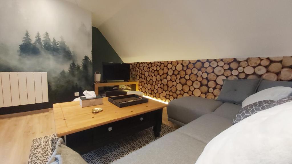 a living room with a couch and a table with a tv at La forêt des Marmottes in Besse-et-Saint-Anastaise