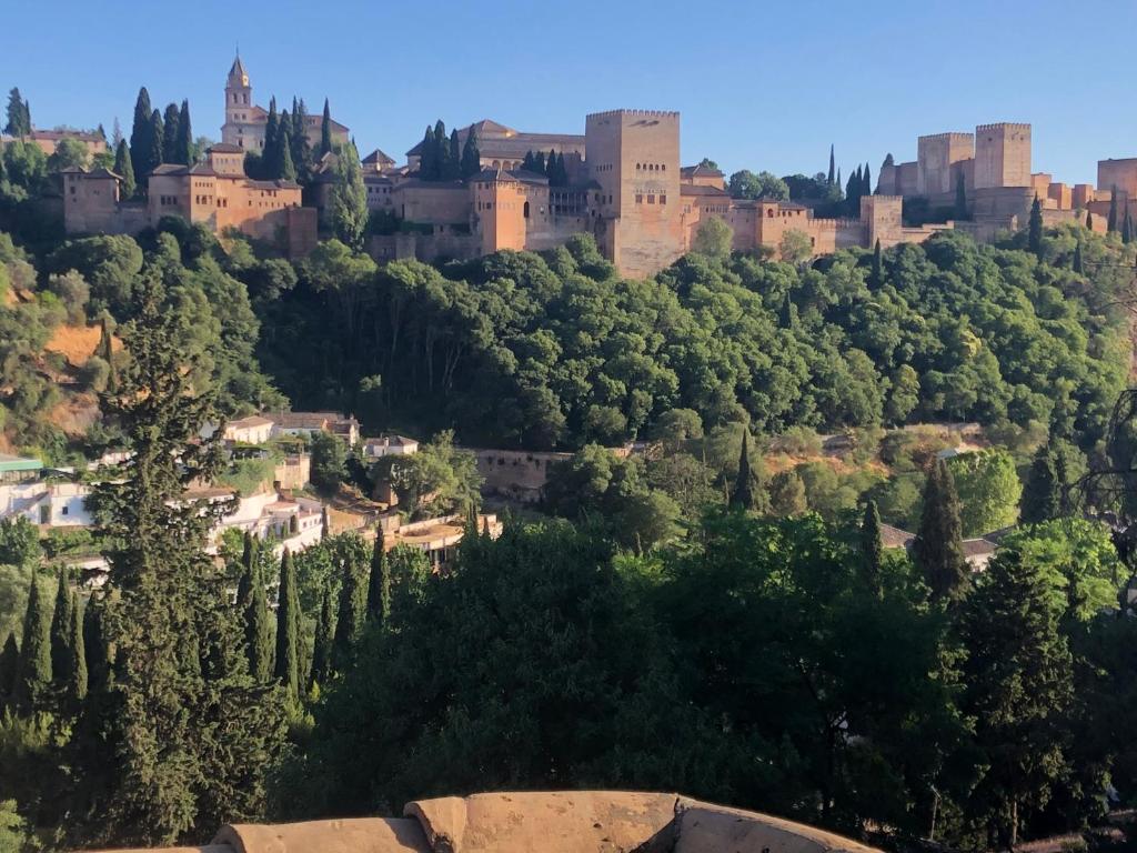 Alhambra en el Sacromonte في غرناطة: قلعة على قمة تلة فيها اشجار