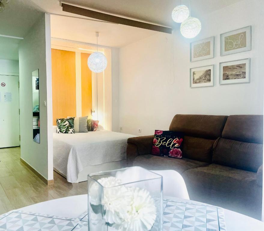 salon z kanapą i łóżkiem w obiekcie Edifício Hercules w mieście Benalmádena