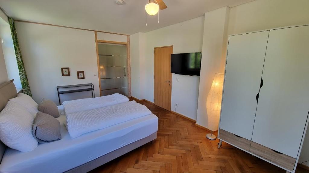 ein Schlafzimmer mit einem Bett und einem TV in der Unterkunft Auszeit im Bad Diezlings in Hörbranz
