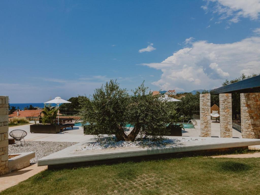 a tree sitting on a bench next to a pool at Casa Costa Suites in Kanali