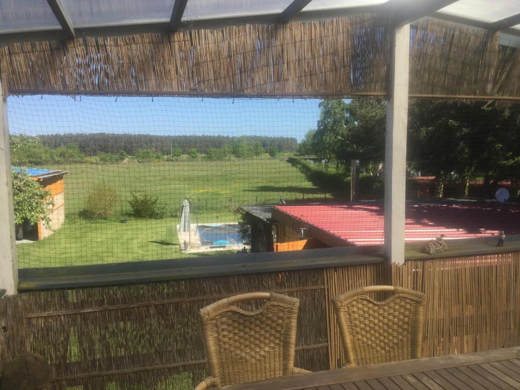 a view of a yard from a patio window at Ferienwohnung am Stettiner Haff in Stolpe auf Usedom