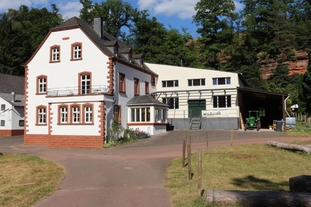 een groot wit huis met een garage bij Gästehaus Herrenmühle in Freudenburg