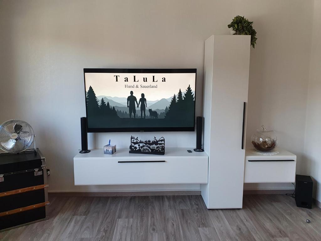 梅德巴赫的住宿－Fewo TaLuLa - Sauerland mit Hund，白色橱柜顶部的平面电视