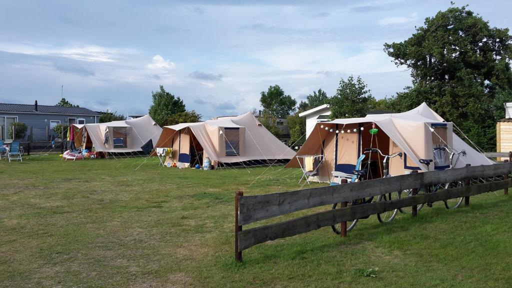 un groupe de tentes dans un champ avec clôture dans l'établissement Ameland tentenverhuur ATV, à Ballum