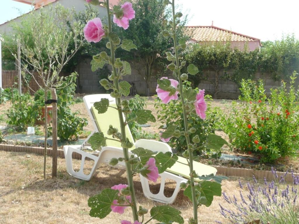 un giardino con panchina e fiori rosa di Chambre d'hôte Fleur de Potager a Les Sables-dʼOlonne