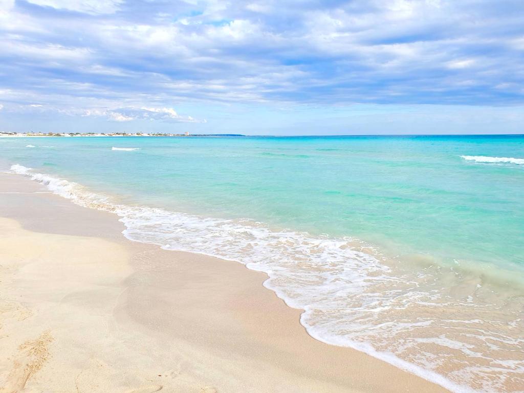 a beach with the ocean and a cloudy sky at Villa Sette Nani in Torre Lapillo