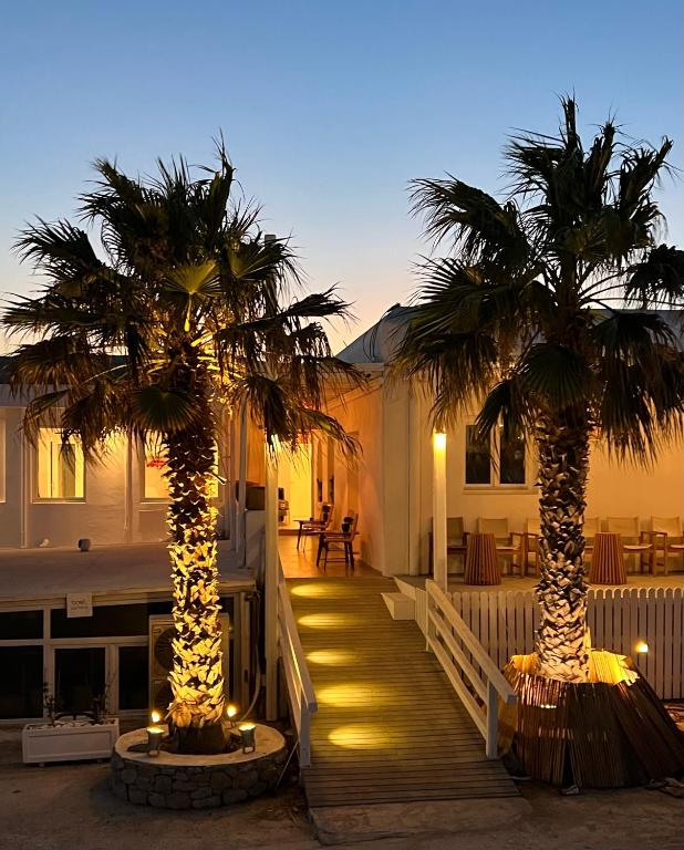 two palm trees on a wooden walkway with lights at Majestic Mykonos in Ornos