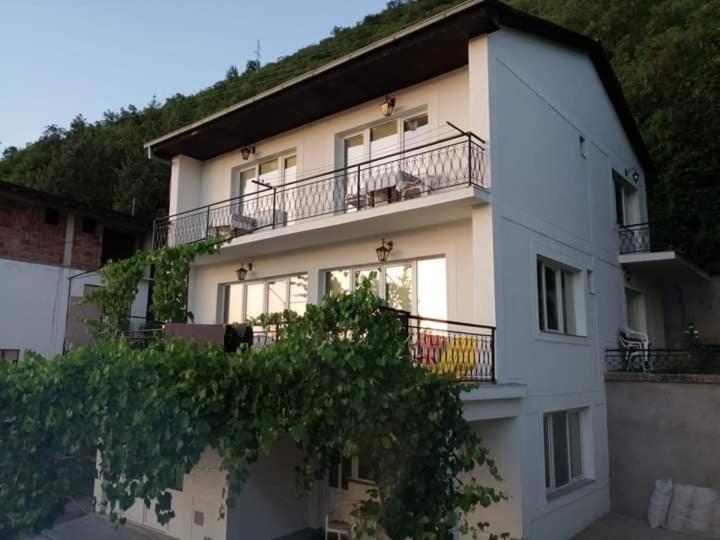 a large white building with a balcony and trees at Vila Visni in Ohrid