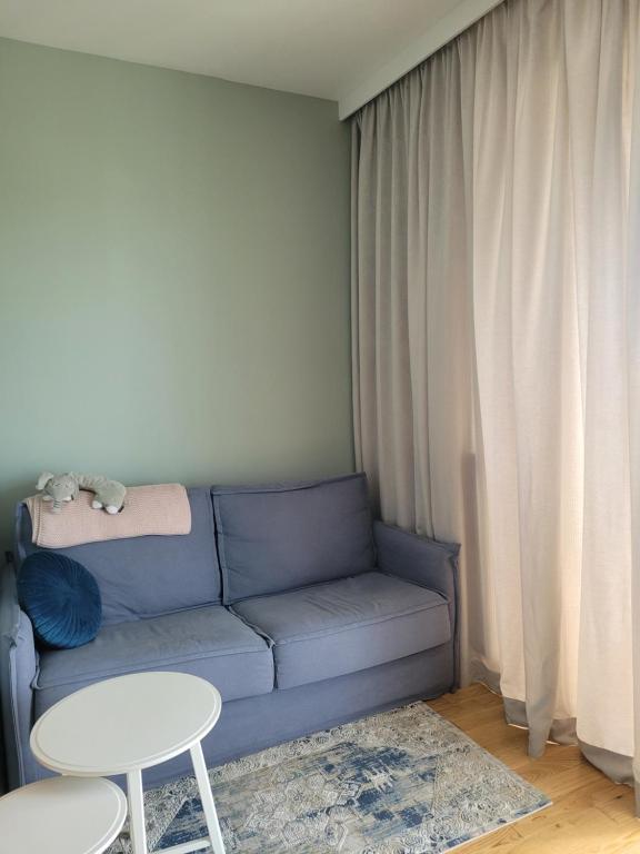 uma sala de estar com um sofá azul e uma mesa em Elegancki Apartament em Puławy
