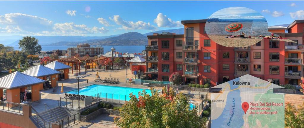 an aerial view of a resort with a swimming pool at Upgraded lakeside resort dream vacation home in Kelowna