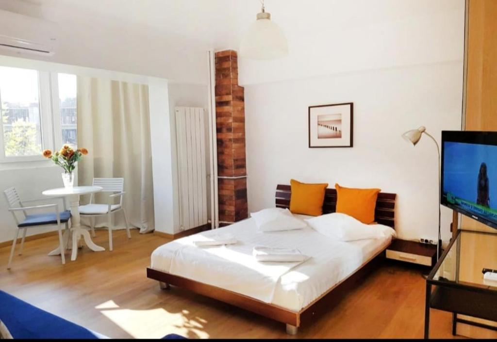 - une chambre avec un lit, une télévision et une table dans l'établissement Piata Victoriei Sanador Studio Apartment, à Bucarest