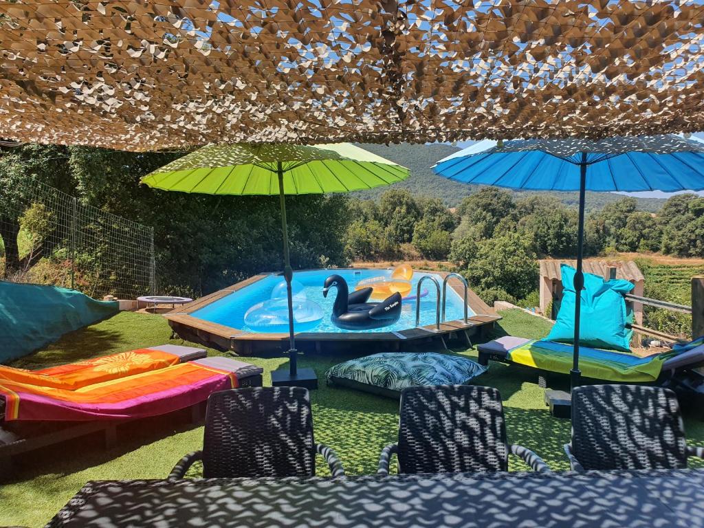 un patio trasero con una piscina con sillas y sombrillas en FORCONE, en Cauro