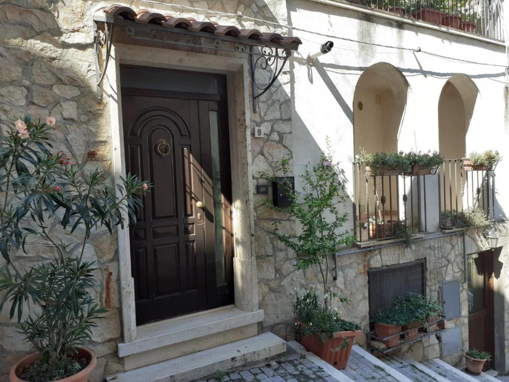 una porta in un edificio in pietra con piante in vaso di Porta del Colle a Roccavivara