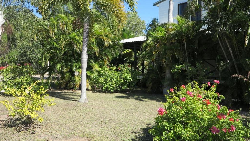 a garden with palm trees and flowers in front of a house at Cool Waters at Horseshoe Bay in Horseshoe Bay