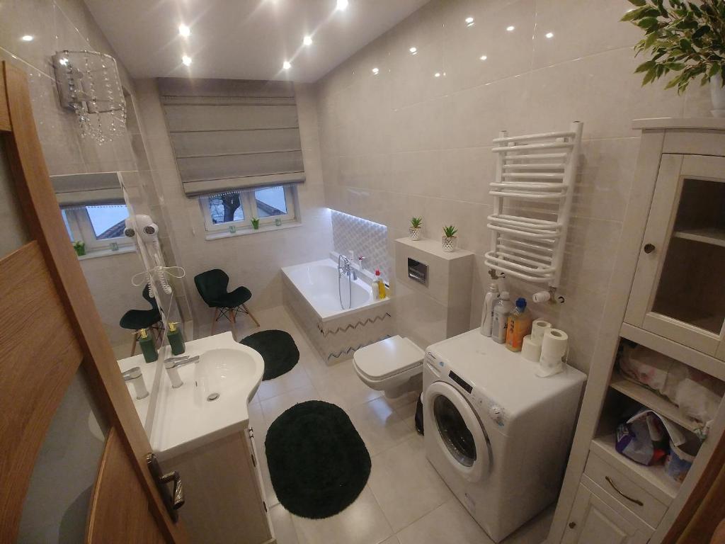 uma casa de banho com um lavatório e uma máquina de lavar roupa em APARTAMENTY WYDMINY em Wydminy