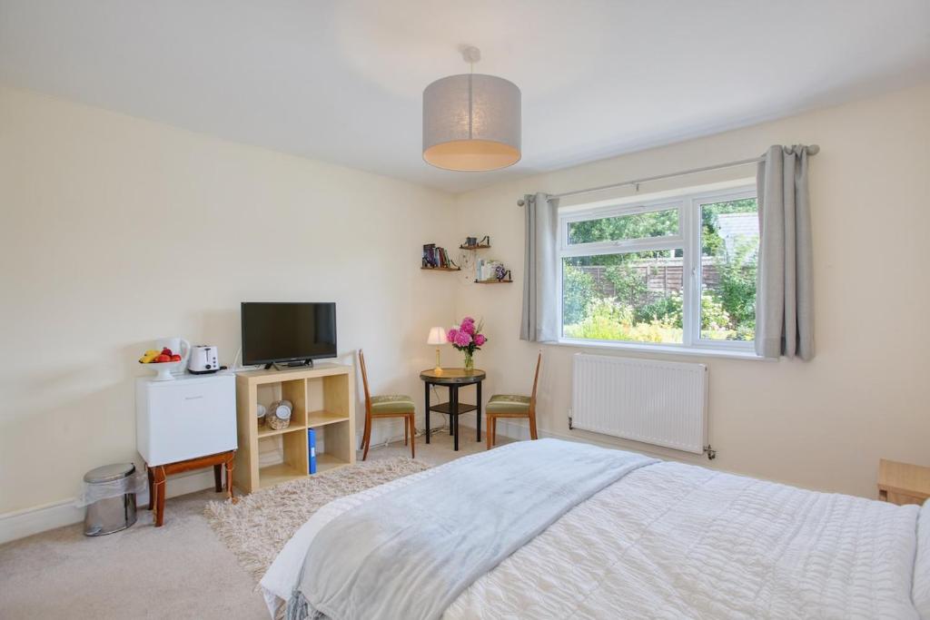 a bedroom with a bed and a tv and a window at Old Orchard in Otterford