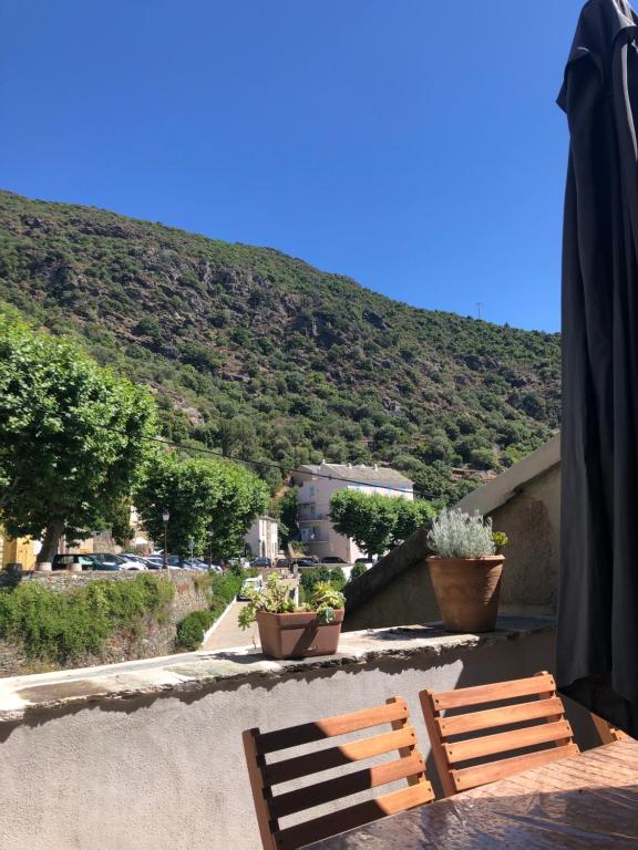 dwie drewniane ławki siedzące na patio z górą w obiekcie Chez Jean Nonza w mieście Nonza