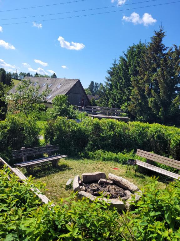 einen Park mit zwei Bänken und einer Feuerstelle in der Unterkunft Rennsteigscheune in Steinbach am Wald