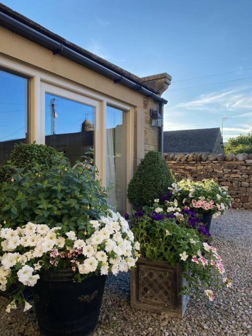 two large pots of flowers in front of a house at Beautiful Cottage in the Yorkshire Dales in Leyburn