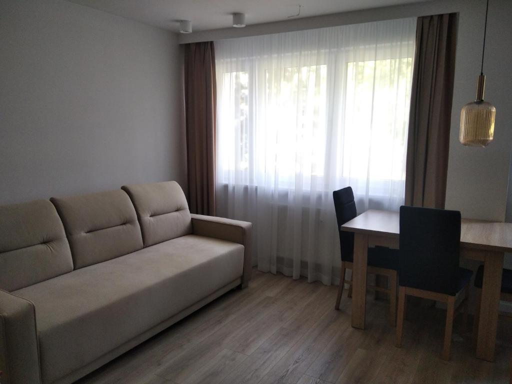 a living room with a couch and a table at Apartament ZDRÓJ in Busko-Zdrój