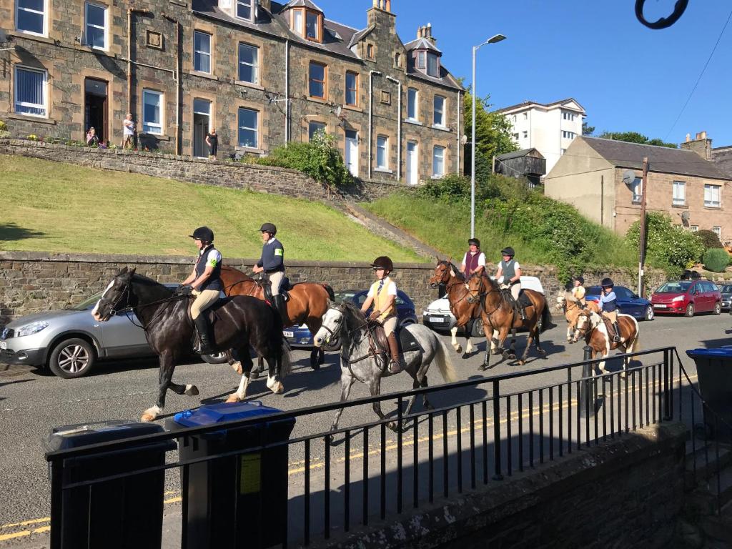 a group of people riding horses down a street at Renovated apartment, Galashiels A7 in Galashiels