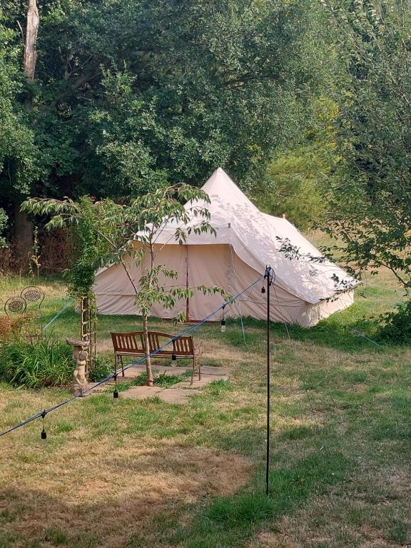 a tent in a field with a bench in front at Bedouin tent Secret garden glamping 